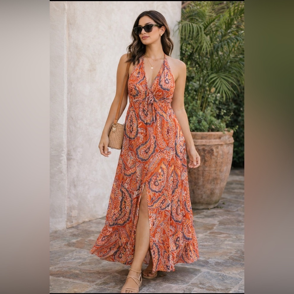 Banana Republic Orange White Halter Maxi Sundress